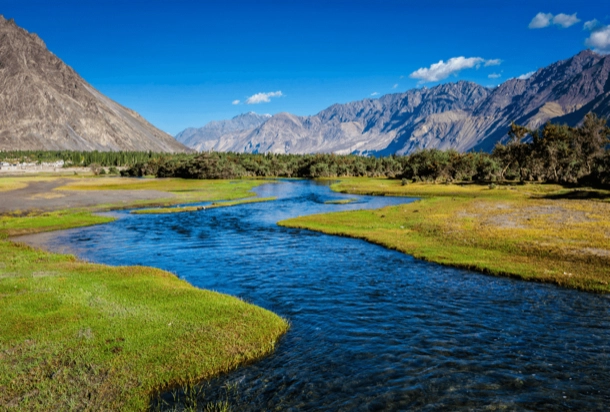 The image depicts a vibrant landscape featuring a meandering river with clear blue water, surrounded by lush greenery and a backdrop of majestic mountains under a clear sky. This scene is interesting for its natural beauty and serene atmosphere, showcasing the tranquility of an untouched environment.